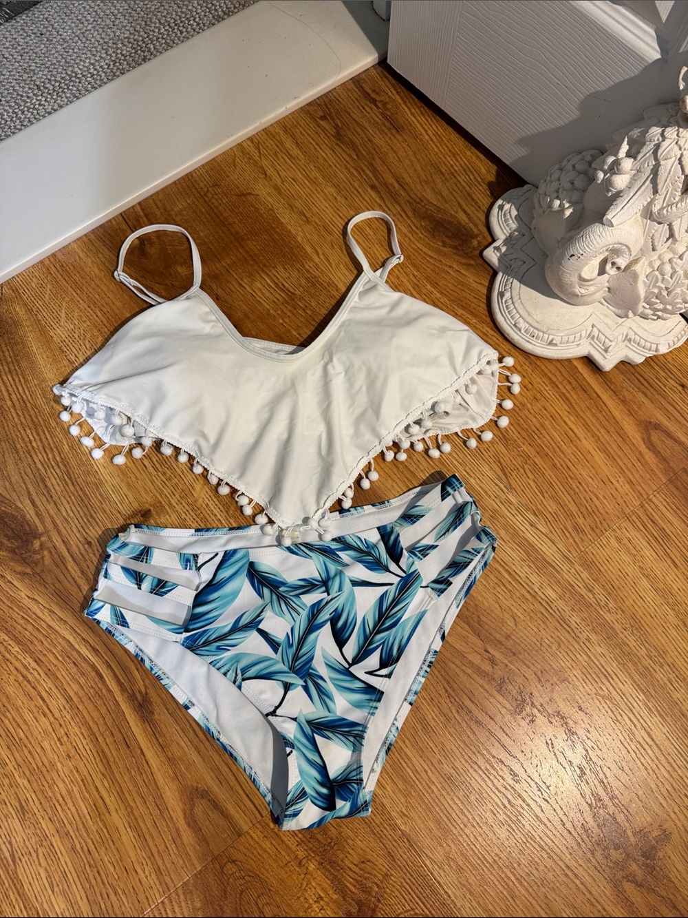White Pom-Trim Bikini Top & Blue Tropical Print Bottoms